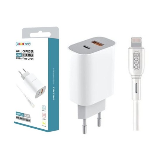 Carregador de Parede PD Modorwy MA1116 USB 2,0+Tipo-C con Lightning cabo 5V 3,1A Branco